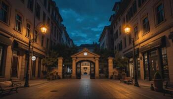 Evening Tranquility in a Charming European Alleyway With Lamplights Illuminating the Surroundings photo