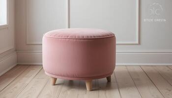Soft Pink Round Ottoman on Light Wooden Floor in Elegantly Designed Interior Space photo