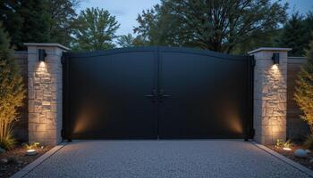 Modern Black Gate Illuminated at Dusk With Stone Pillars and Landscaped Surroundings photo