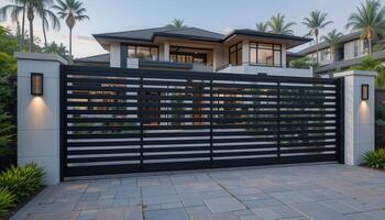 Modern Residential Gate With Sleek Design and Surrounding Tropical Landscape at Dusk photo