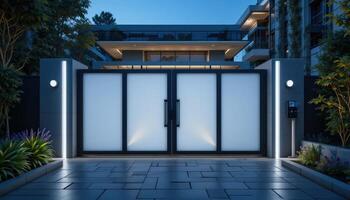 Modern Entrance Gate at Twilight With Illuminated Design Surrounding Luxury Residence photo