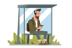 Man listening to music at bus stop with smartphone flat illustration for urban commute digital lifestyle and waiting routine concept vector