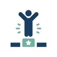 This icon symbolizes achievement, showing a figure celebrating on a podium. Its perfect for recognition apps, inspiring users to pursue goals and promoting a sense of accomplishment and joy vector