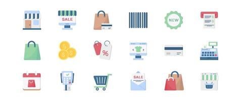 Explore a vibrant collection of shopping icons ideal for ecommerce sites and apps. Featuring bags, carts, sales, and payment icons, they enhance user experience and make shopping enjoyable vector