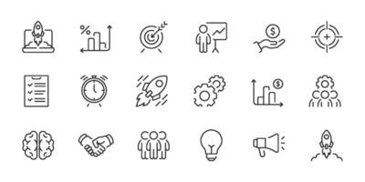 Explore a versatile collection of effective line icons ideal for startup themes and business launches. Perfect for enhancing presentations and web design for a polished, professional appearance vector