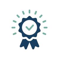 This icon represents an award badge with a check mark, symbolizing achievement, quality, and recognition in educational or professional settings that celebrate and value accolades vector