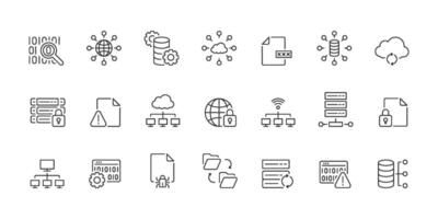 This versatile line icon collection represents digital data concepts like research, optimization, networking, and protection, making it perfect for web and graphic design projects. Editable stroke vector