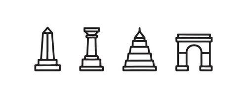 Outline icons of historic monuments and structures vector