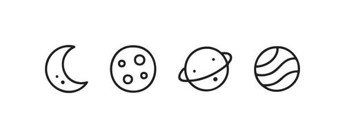 Minimalist celestial icons crescent moon, cratered planet, ringed planet, striped sphere. vector