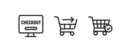 E-commerce checkout process icons cart, progress, and completion symbols. vector