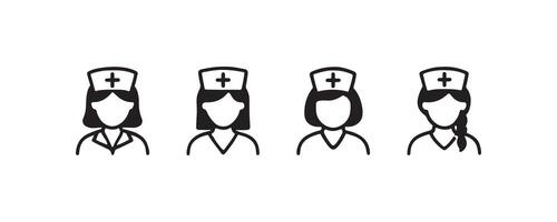 Icon set of female nurses in uniform with caps - black and white minimalist design. vector