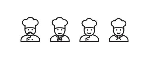 Outline icons of chefs with hats and smiling faces in a row. vector