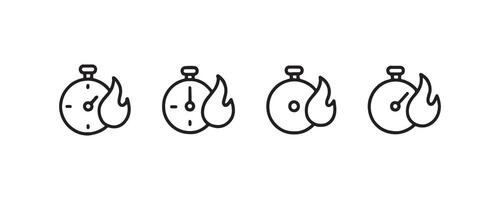 Set of four stopwatch icons with flame symbol for timing and speed. vector