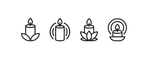 Set of four candle icons with leaves and radiating lines. vector