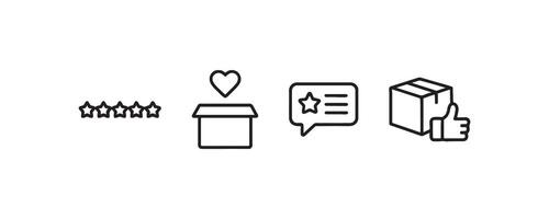 Customer satisfaction icon set ratings, box with heart, review speech bubble, thumbs up package. vector