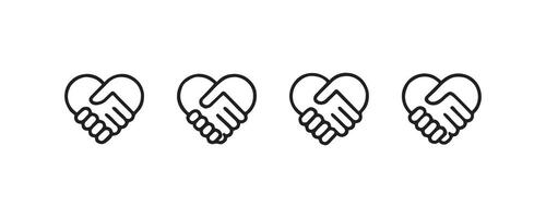 Heart-shaped handshake icons in black and white line art on white background. vector