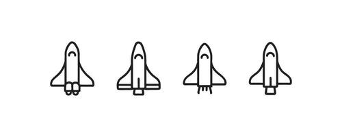 Set of four simple rocket and shuttle icons in black outline on white background. vector