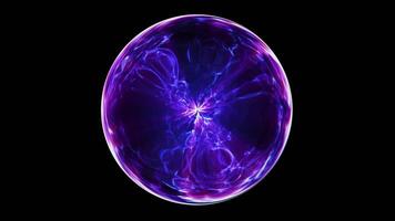 Abstract energy orb motion graphic. Colorful sphere with swirling smoke effect within. Energy dancing around glass container. Plasma Ball Slomotion. Purple color sphere. 4K VJ loop video