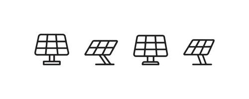 Black line art icons of solar panels in various angles on white background.Web vector