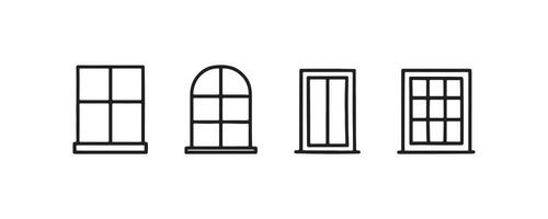 Set of four black line art windows in various shapes on white background. vector