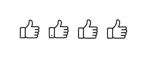 Set of four thumbs up icons in black outline on white background. vector