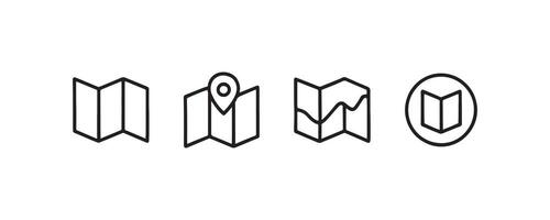 Simple black map icons pin, graph, folded map, circular design. vector