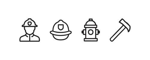 Firefighter icon set firefighter, helmet, hydrant, axe in minimalist line art. vector