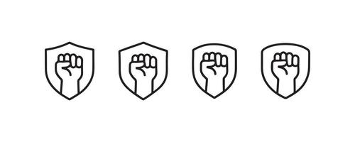 Black power fist icon in shield design for empowerment and resistance. vector
