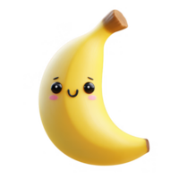 Cute banana character with smiling face, featuring big eyes and rosy cheeks, perfect for children illustrations or playful designs. This adorable fruit character brings joy and fun png
