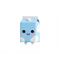 Cute milk carton character with smiling face, designed in kawaii style. This adorable drink element features blue color with white spots, perfect for children themes or playful designs png