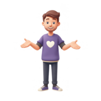 Friendly character with welcoming expression stands with arms outstretched, wearing purple shirt featuring heart design. This cheerful figure embodies spirit of community and support png