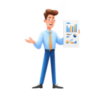 Cheerful office worker character presenting business report with colorful graphs and charts. This animated figure embodies professionalism and enthusiasm in corporate setting png
