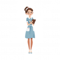Friendly nurse character stands confidently, holding clipboard, dressed light blue uniform with white apron. This illustration embodies health education theme, perfect for various educational png