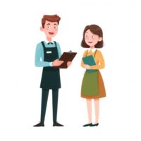 Friendly restaurant server and customer interacting in cheerful atmosphere, showcasing warm dining experience. server holds clipboard while customer smiles, creating welcoming scene png