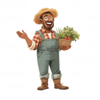 Cheerful farmer character holding basket of fresh vegetables, wearing overalls and straw hat, embodies sustainable agriculture and connection to nature png