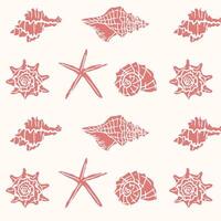 Seashells hand-drawn colorful seamless pattern. Red shell on white background. Nautical seamless background for summer, beach, textile, packaging vector