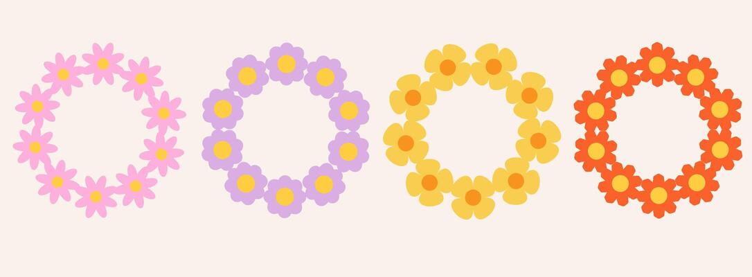 Set of colorful flowers frame. Retro geometric spring flowers. Groovy simple flowers set. Botanical circle border. For greeting card, poster, banner, social media, logo.