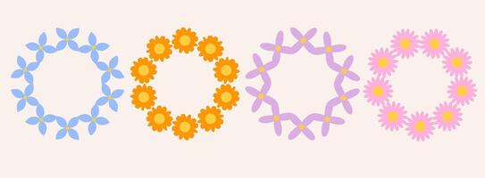 Set of colorful flowers frame. Retro geometric spring flowers. Groovy simple flowers set. Botanical circle border. For greeting card, poster, banner, logo. vector