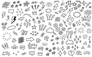 Set of various hand-drawn doodles. Sketch marker shape, arrow, star, scribble, brush, pen, stroke, doodle icon. Outline direction signs. Simple sketch line style illustration. vector