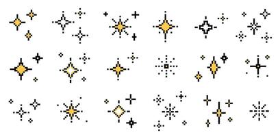 Set of pixel art star shapes in trendy retro style. Trendy Y2K design signs for banners, social media, poster design. Brutalist geometric shapes. Retro futuristic sparkle icons in 8 bit style vector