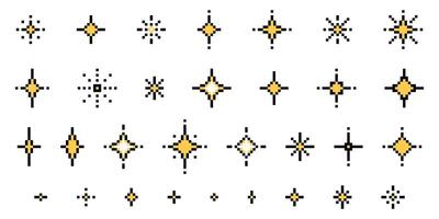 Set of pixel art star shapes in trendy retro style. Trendy Y2K signs for banners, social media, poster design. Brutalist geometric shapes. Futuristic sparkle icons in 8 bit style vector