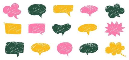 Set of colorful speech bubbles in grunge texture. Dialogue box in doodle style. Modern vintage illustration. Text boxes for chats and games. Various talk balloon shapes in retro 90's style vector