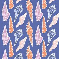 Hand-drawn colorful pattern with seashells. Color shell on blue background. Nautical style for background, textile, packaging vector