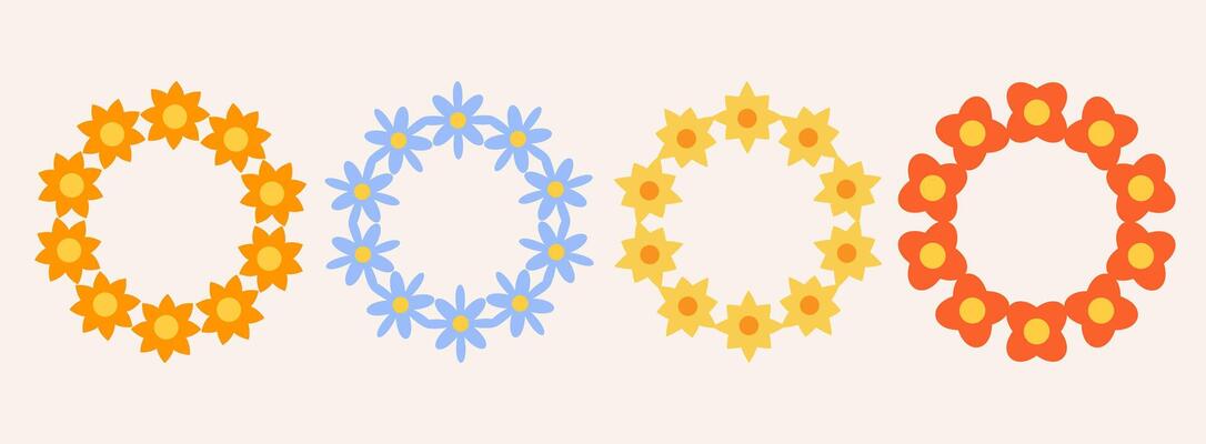 Set of colorful flowers frame. Retro spring flowers. Groovy simple flowers set. Botanical circle border. For greeting card, poster, banner, social media, logo.