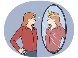 ambitious woman looks in mirror and sees own reflection with crown symbolizing success vector