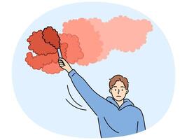 Man gives sos signal with red smoke needs support after unforeseen situation arises vector