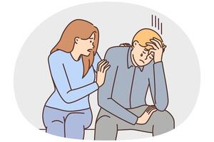 Caring girl comforts crying boyfriend who is upset about failure in career vector