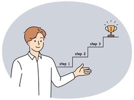 Man business coach pointing with hand at sketchy ladder leading to career success vector