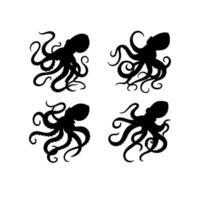 Octopus silhouette black set isolated on white background. vector