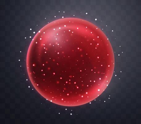 Red magic fantasy sphere. Crystal ball with glowing sparkles and particles. Energy orb with glow flare light effect. Isolated on dark background. illustration.
